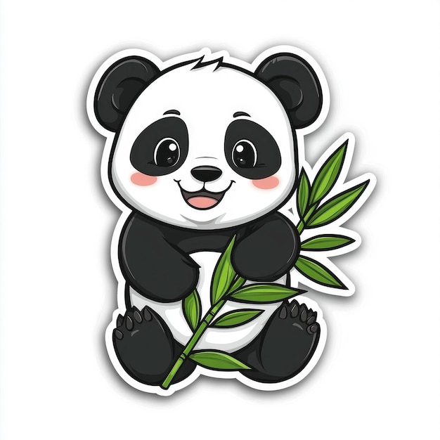 Photo cute cartoon panda holding bamboo