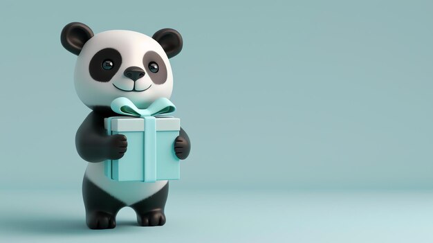 Photo a cute cartoon panda holding a blue gift box with a ribbon