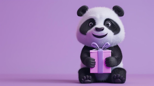 Photo a cute cartoon panda holding a pink gift box on a purple background