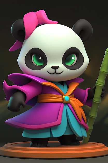 Photo cute cartoon panda in a purple robe holding a bamboo staff