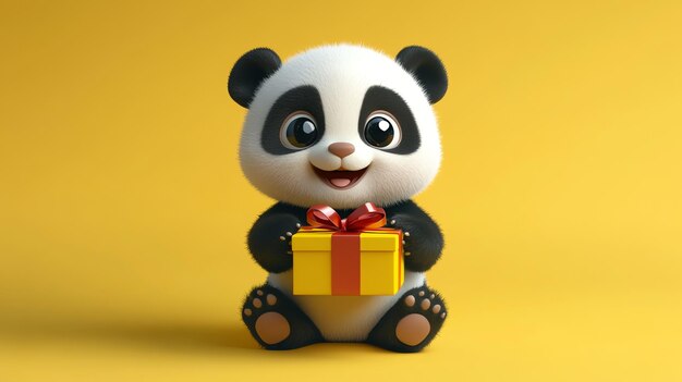 Photo a cute cartoon panda sits in front of a yellow background holding a yellow gift box with a red bow