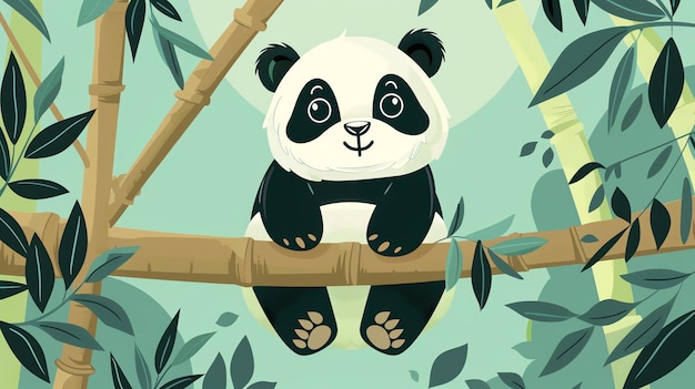 Cute cartoon panda sitting on a bamboo branch in a forest