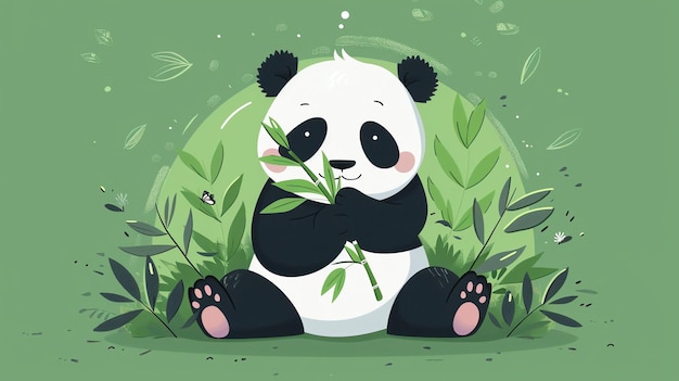 A cute cartoon panda sitting in a green jungle holding a stick of bamboo