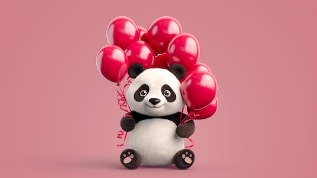 Cute cartoon panda with balloons on a pink background