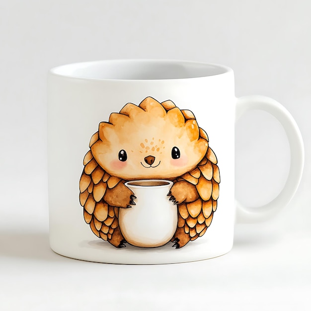 Photo cute cartoon pangolin holding a cup of coffee on a white mug