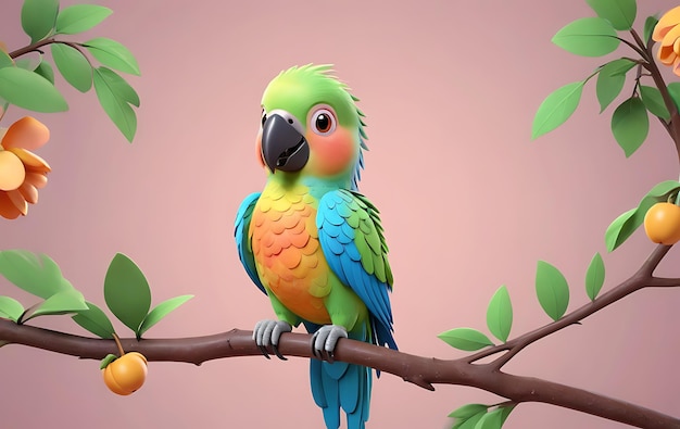 Cute cartoon parrot perched on a branch