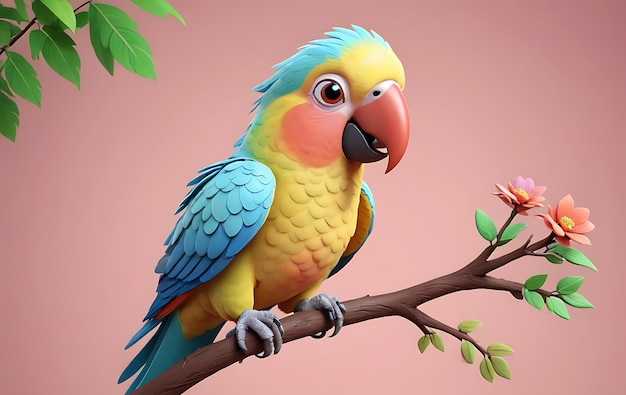 Photo cute cartoon parrot perched on a branch