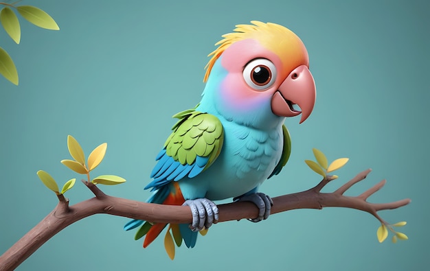 Cute Cartoon Parrot Perched on Branch