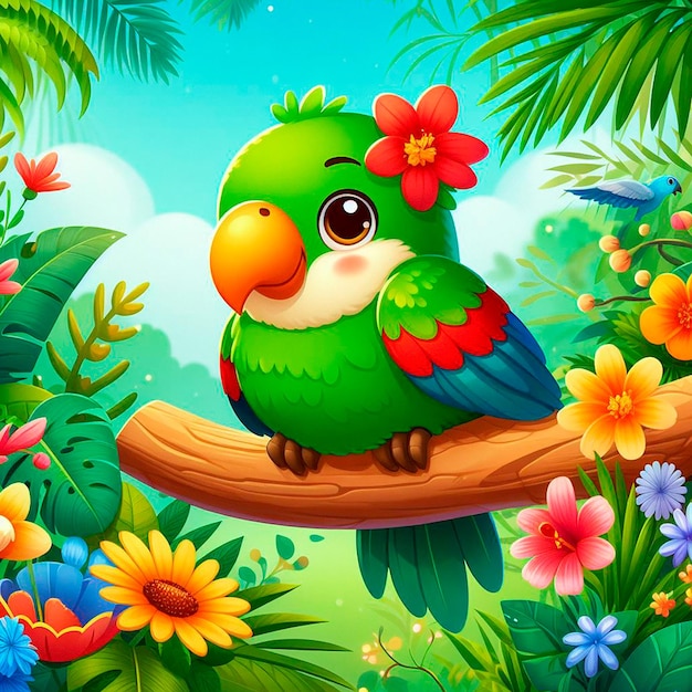 Cute Cartoon Parrot with Flowers in a Tropical Paradise