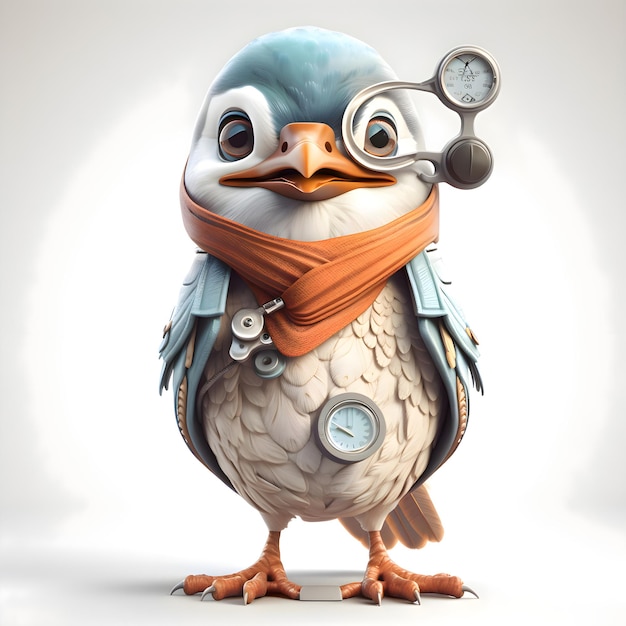 Cute cartoon penguin wearing a helmet and glasses 3d rendering