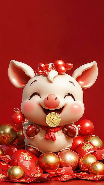 Cute cartoon pig holding a gold coin surrounded by red envelopes and golden balls