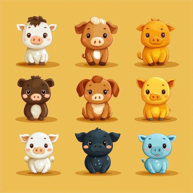 Photo cute cartoon piglets set adorable piglets in different colors pig illustration baby pig