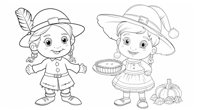 Photo cute cartoon pilgrims boy and girl with pie