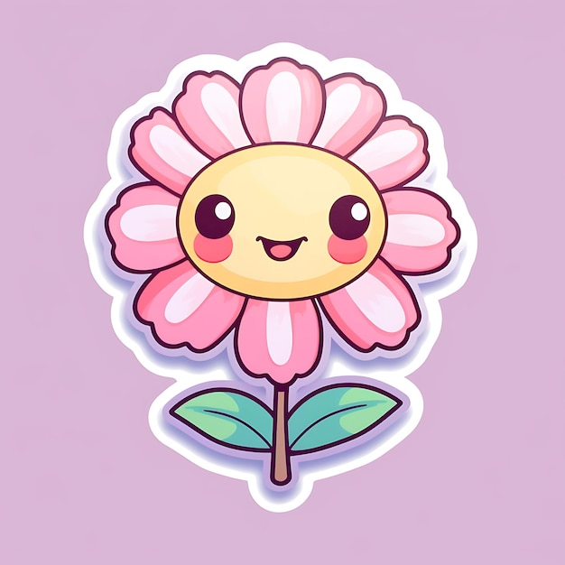 Photo cute cartoon pink flower with happy face on lavender background