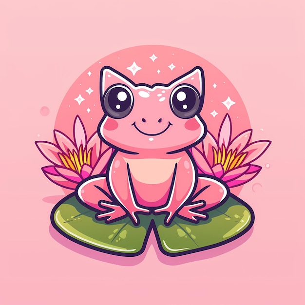 Cute cartoon pink frog sitting on a lily pad surrounded by flowers