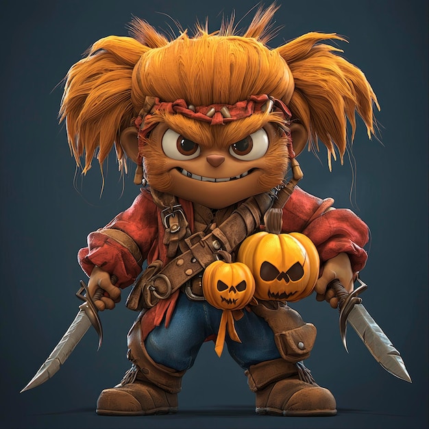 Cute Cartoon Pirate with Pumpkins and Daggers