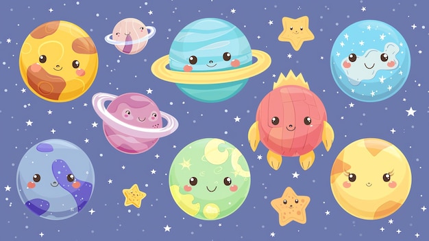 Photo cute cartoon planets with smiling faces in outer space