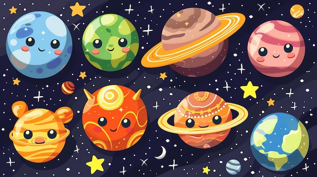 Cute cartoon planets with smiling faces in space