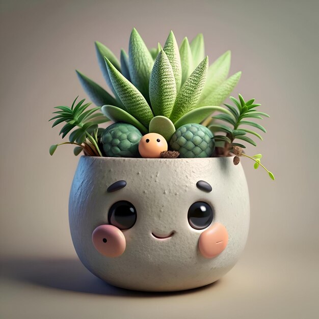 Photo cute cartoon potted plant with a smiling face and a succulent plant growing out of the top