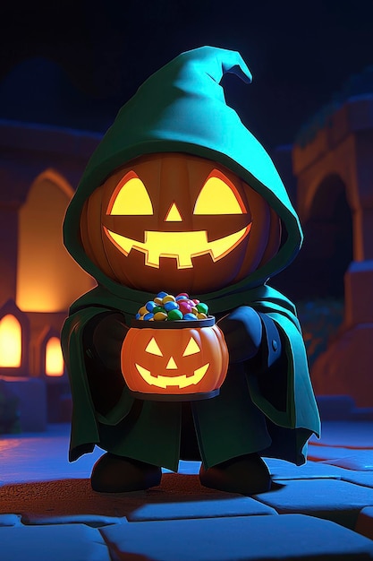 Photo cute cartoon pumpkin trick or treating on halloween night