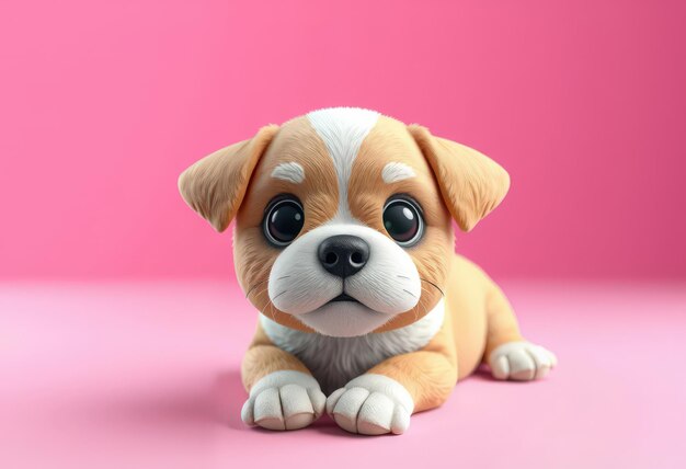 Photo cute cartoon puppy with big eyes lying on a pink background