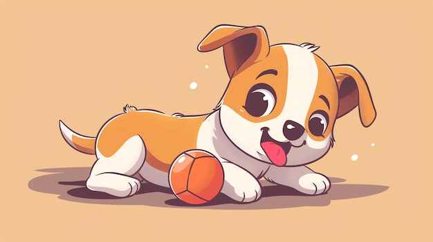 Photo a cute cartoon puppy with big eyes and a playful expression lying on the ground with a red ball