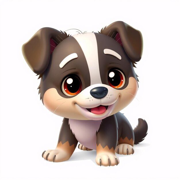 Photo cute cartoon puppy with brown fur white markings and big brown eyes sitting on a white background