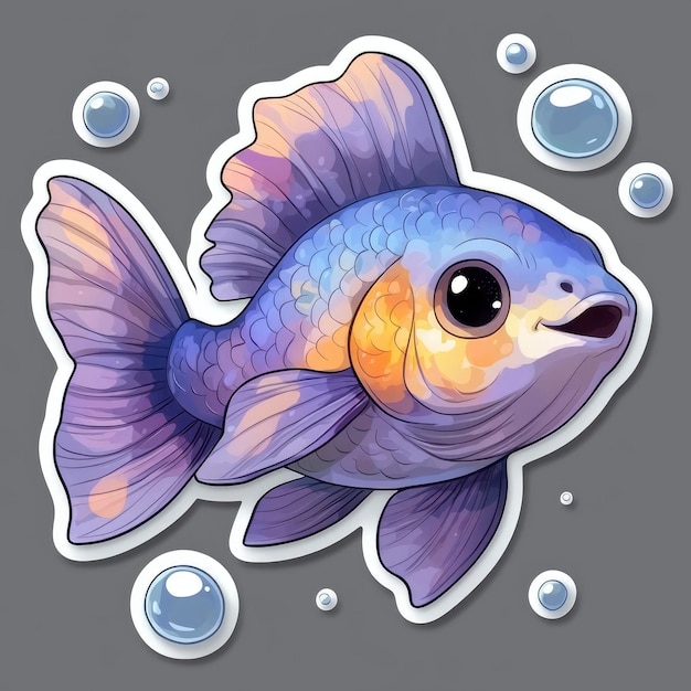 Cute Cartoon Purple Goldfish with Bubbles