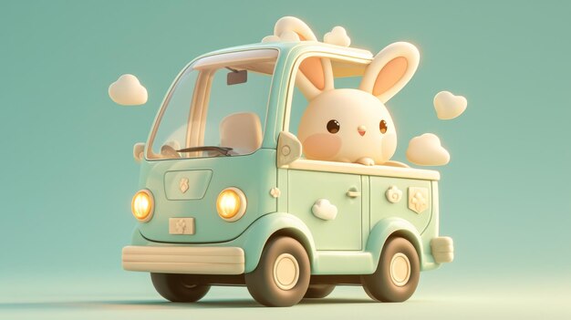 Photo cute cartoon rabbit driving a retro van with clouds in a pastel green background