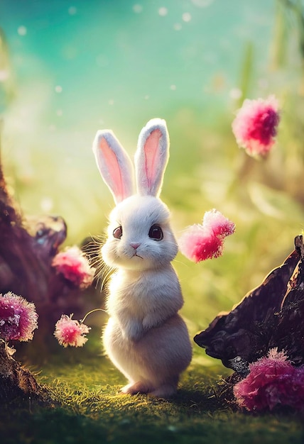 Cute cartoon rabbit on green grass Cute white rabbit on a fabulous background