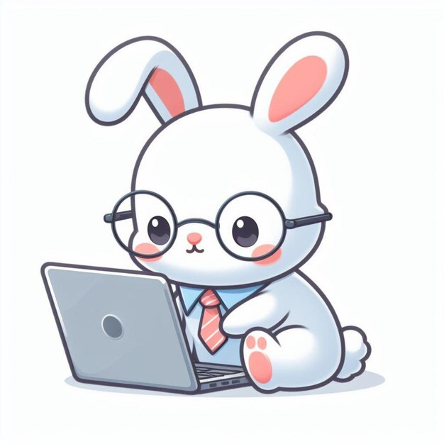 Cute Cartoon Rabbit Using Laptop