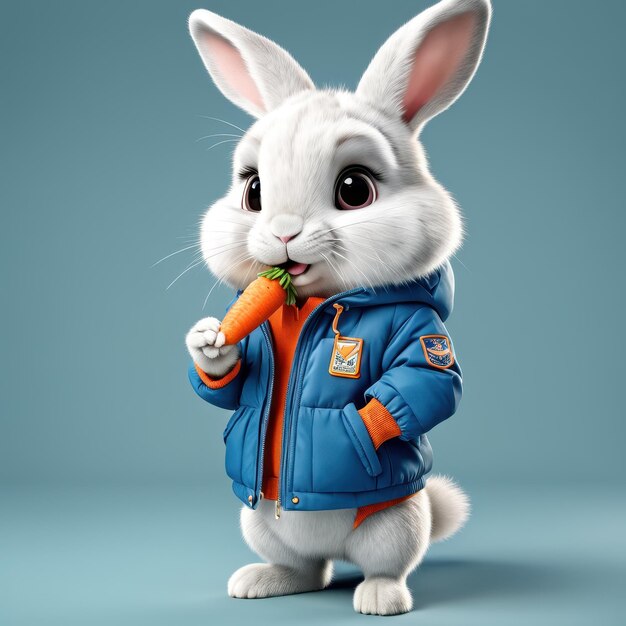 A cute cartoon rabbit wearing a blue jacket enjoys a carrot showcasing a playful character