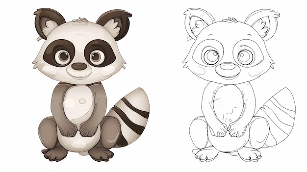 Cute cartoon raccoon color and outline for coloring