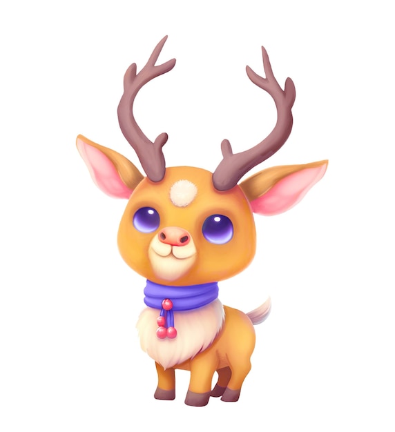 Cute cartoon reindeer with violet eyes and scarf Digital illust