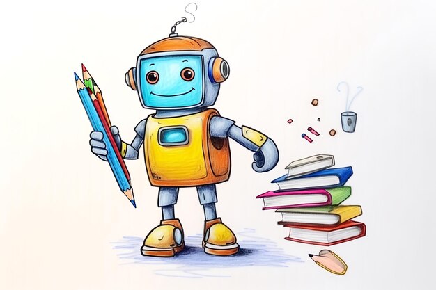 Photo cute cartoon robot student drawing with colored pencils