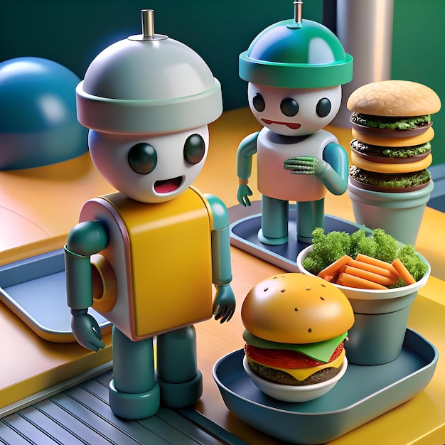 Photo cute cartoon robots working at a fast food restaurant this fun and whimsical illustration is perfect for promoting automation and technology in the food industry