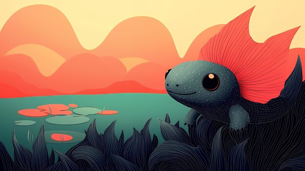 Cute Cartoon Salamander in a Pond at Sunset