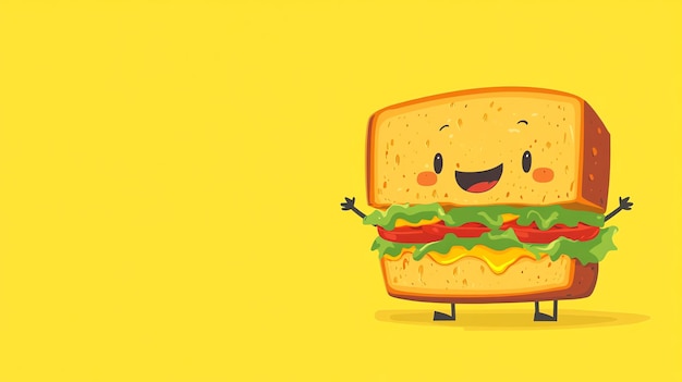 Cute cartoon sandwich with a smile on a yellow background