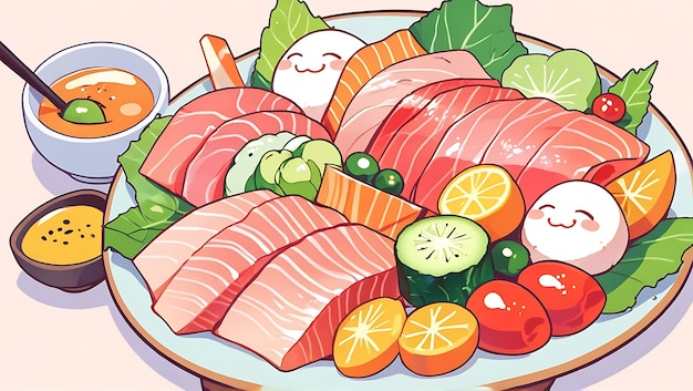 Photo cute cartoon sashimi plate with vegetables