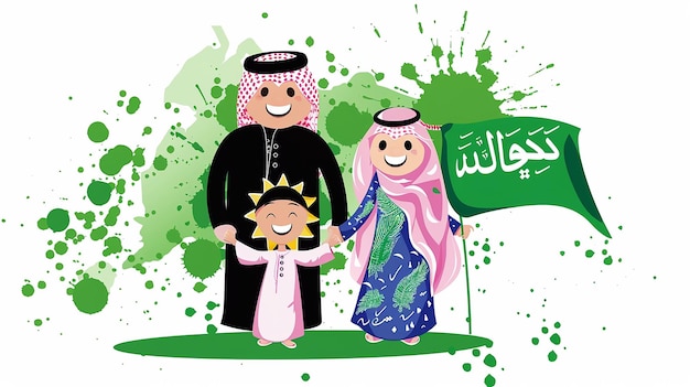 A cute cartoon Saudi Arabia family