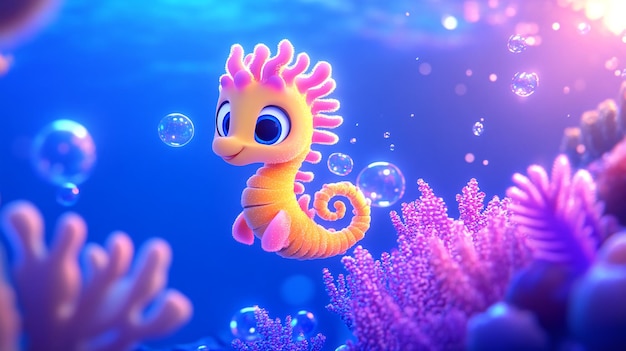 Photo cute cartoon seahorse swimming among vibrant corals and bubbles underwater