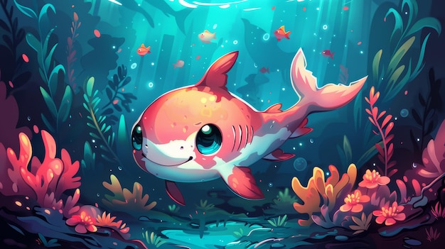 Cute Cartoon Shark Swimming in the Ocean