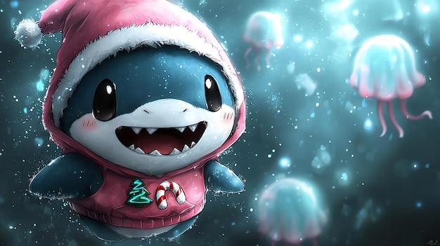 Photo cute cartoon shark wearing santa hat and hoodie