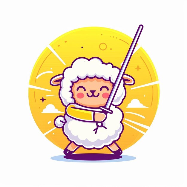 A cute cartoon sheep holding a sword in front of a yellow circle with clouds