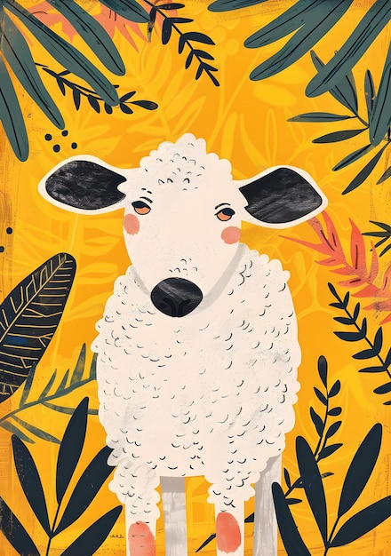 Cute Cartoon Sheep in a Tropical Garden Illustration