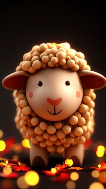 Cute Cartoon Sheep with Festive Lights and Autumn Leaves