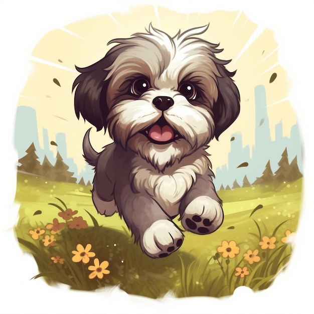 Cute Cartoon Shih Tzu Running in Meadow Generative AI