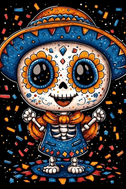 Cute Cartoon Skeleton in Sombrero with Confetti