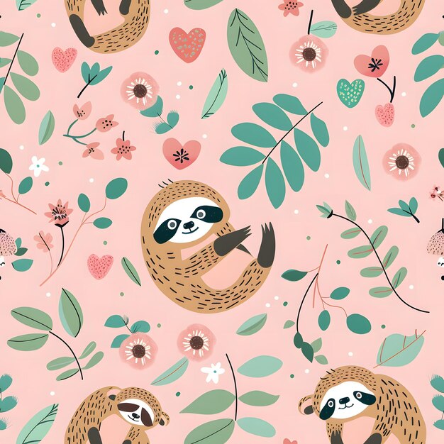 Photo cute cartoon sloth pattern on a pink background with turquoise and green accents