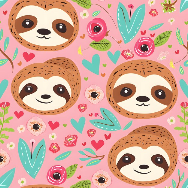 Photo cute cartoon sloth pattern on a pink background with turquoise and green accents